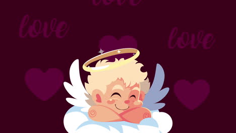feliz tarjeta de día de san valentín con el ángel cupido en la nube y el patrón de corazones