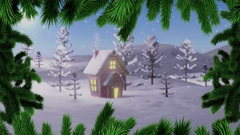 Animation-of-christmas-fir-tree-branches,-snow-and-house-in-winter-scenery