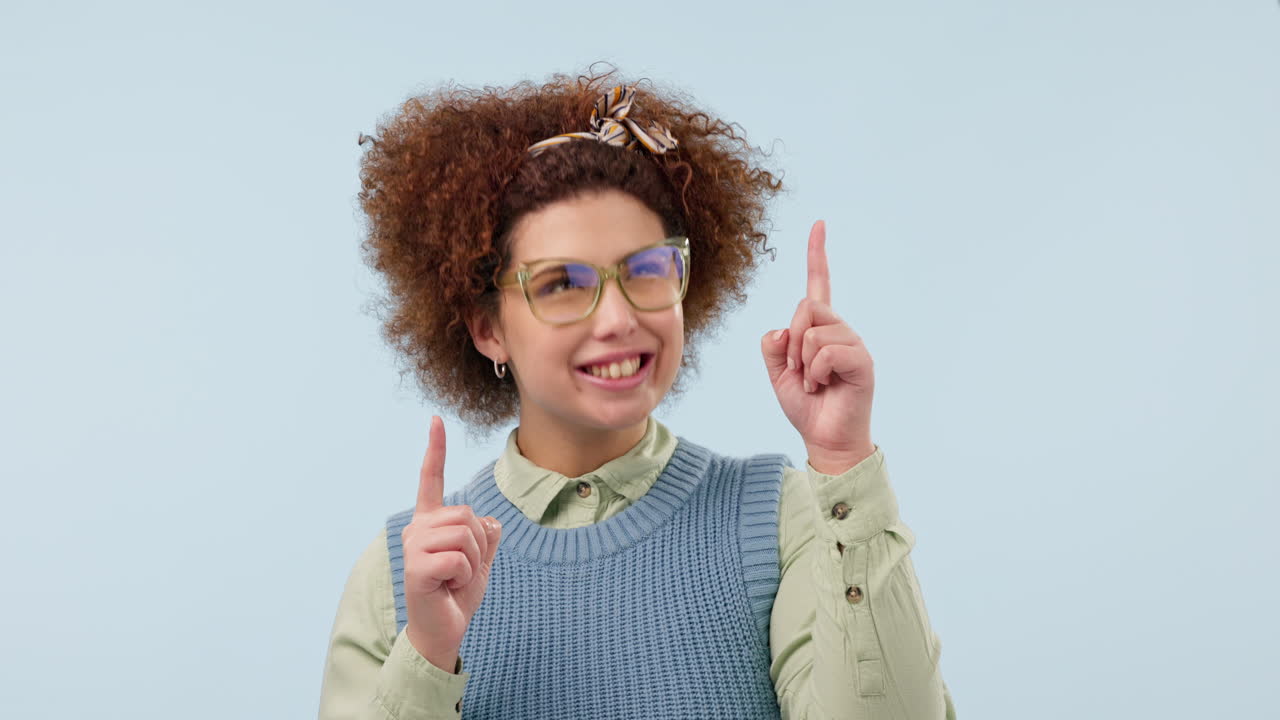 Pointing, excited and portrait of woman with deal