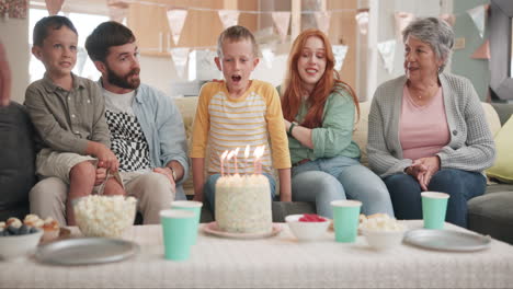 blowing, birthday boy or happy family with cake