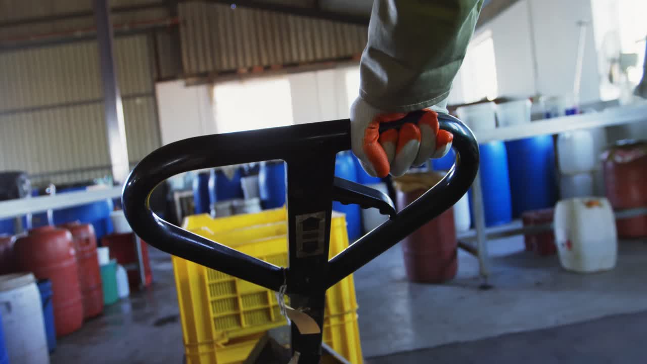 trabajador tirando de un carrito con una caja en una fábrica de aceitunas 4k