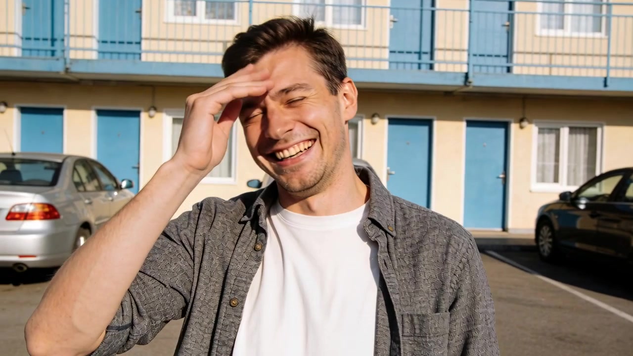 Homem sorrindo, vestindo camiseta branca, colocando a mão na testa no estacionamento de um motel, reagindo a uma voz fora do quadro.