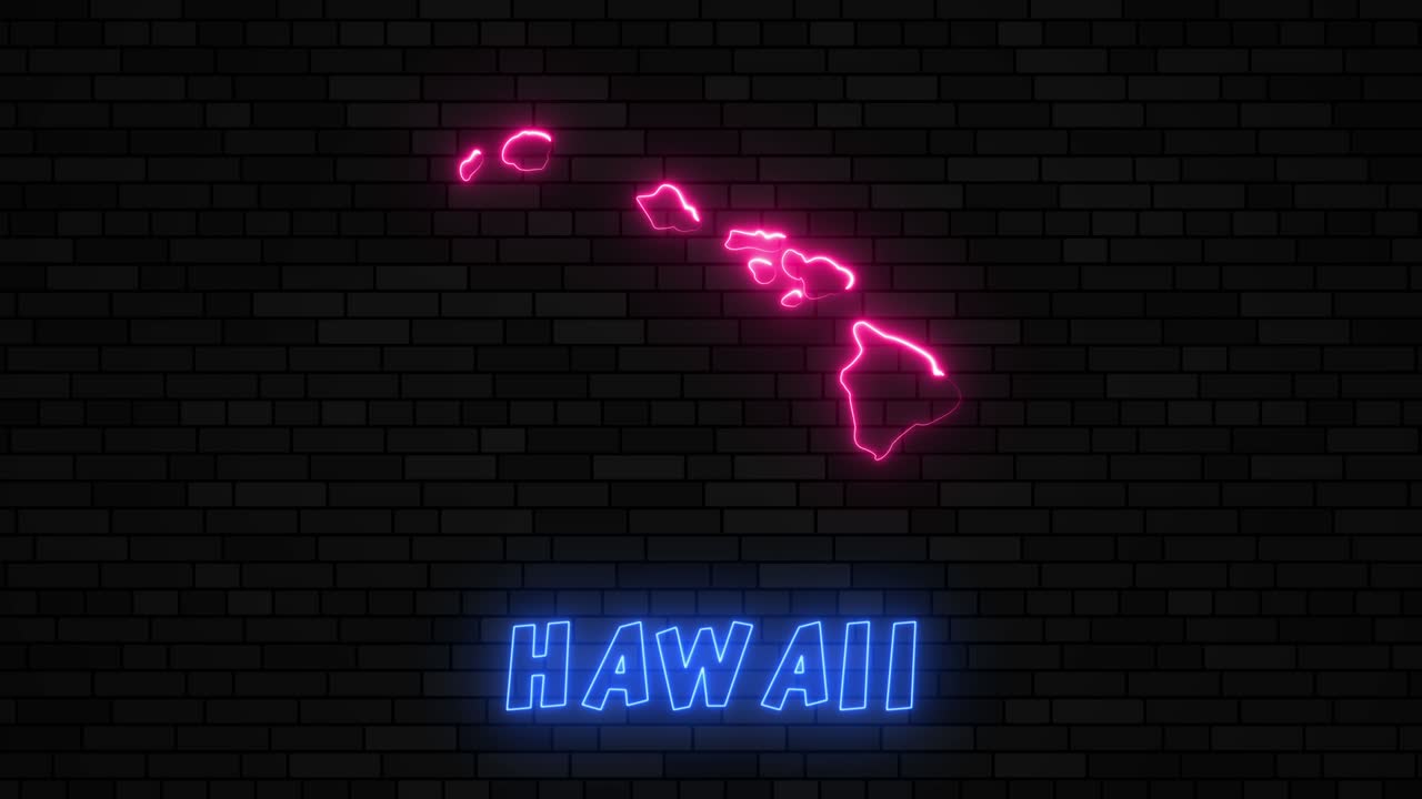 어두운 벽돌 벽 바탕에 네온 선을 가진 하와이 지도의 실루