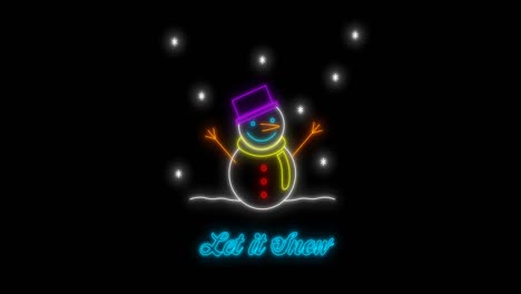 animation of let it snow christmas neon text and snowman over black background