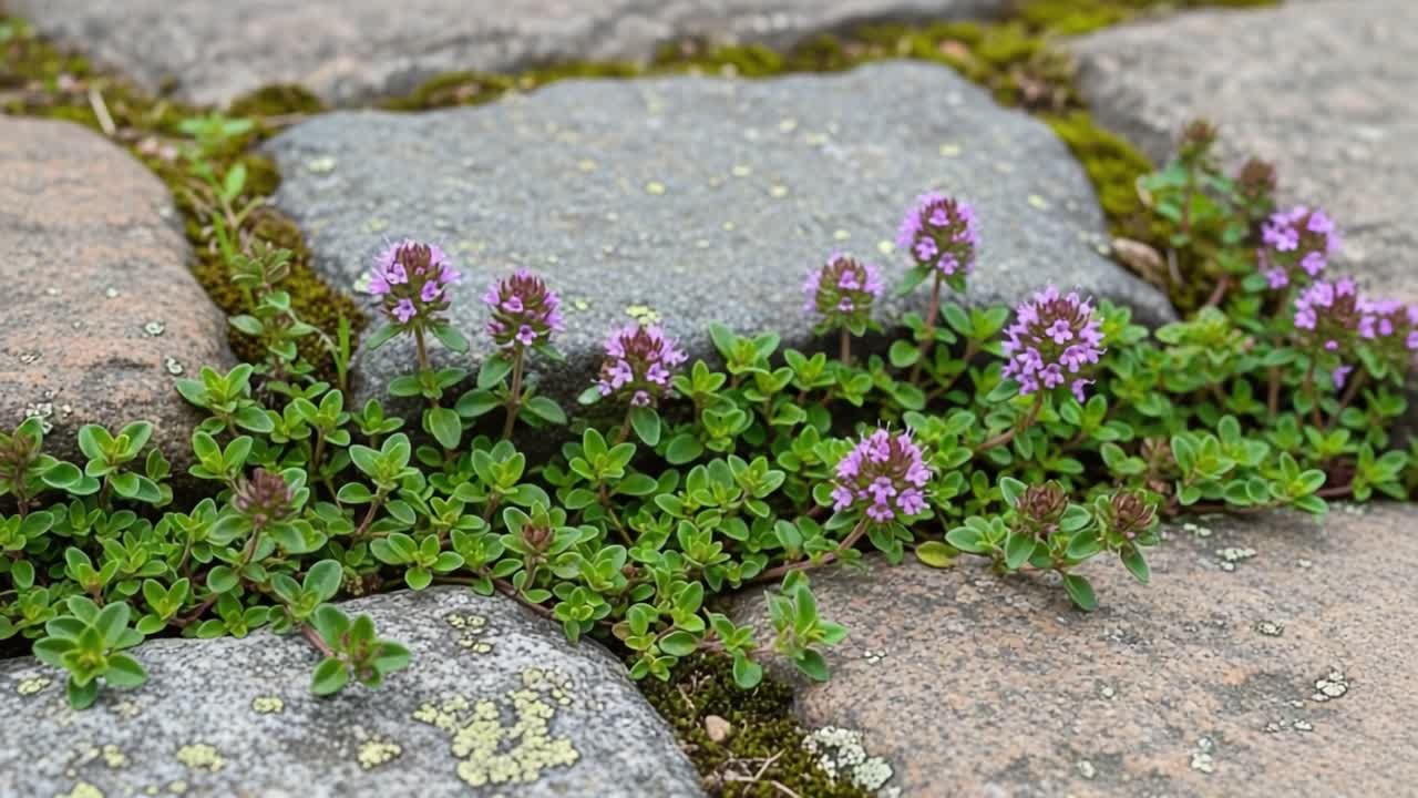Vibrant Green Thyme Blooms Thriving Between Stone Pavers, Showcasing Nature's Resilience and Beauty in Urban Settings, Enhancing Outdoor Landscapes and Gardens