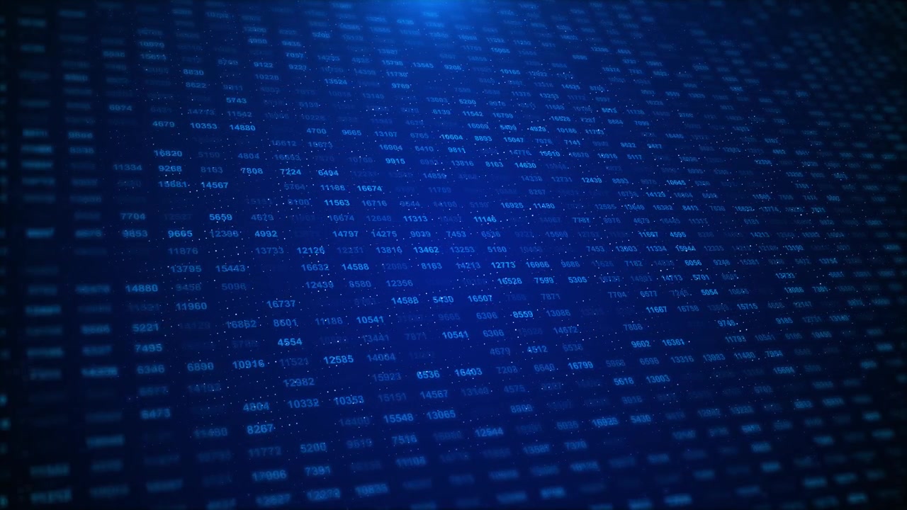 Blue numerical data field background glowing rows of numbers dotted particles depth blur digital