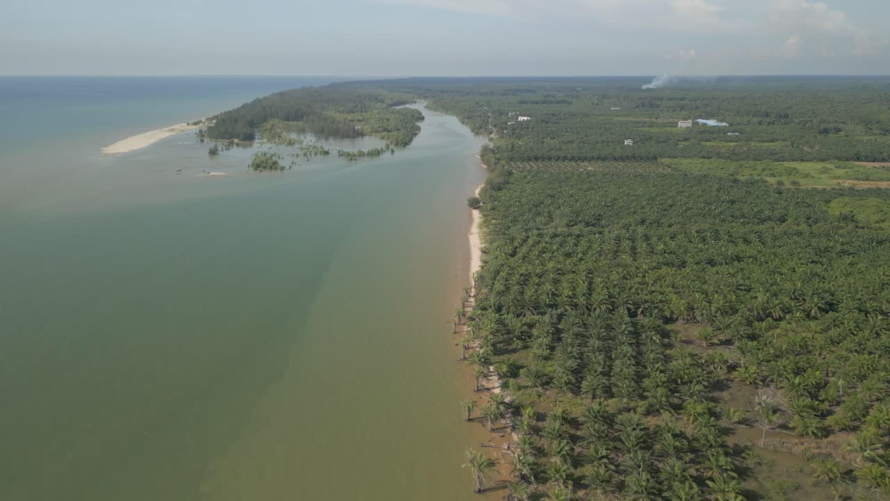 Aerial Drone View During Summer Alit Fishing Village,Kabong With, Facing Open Blue Sea, White Sandy Beach,Green Coconut, Palm Trees,And River,Sarawak,Borneo