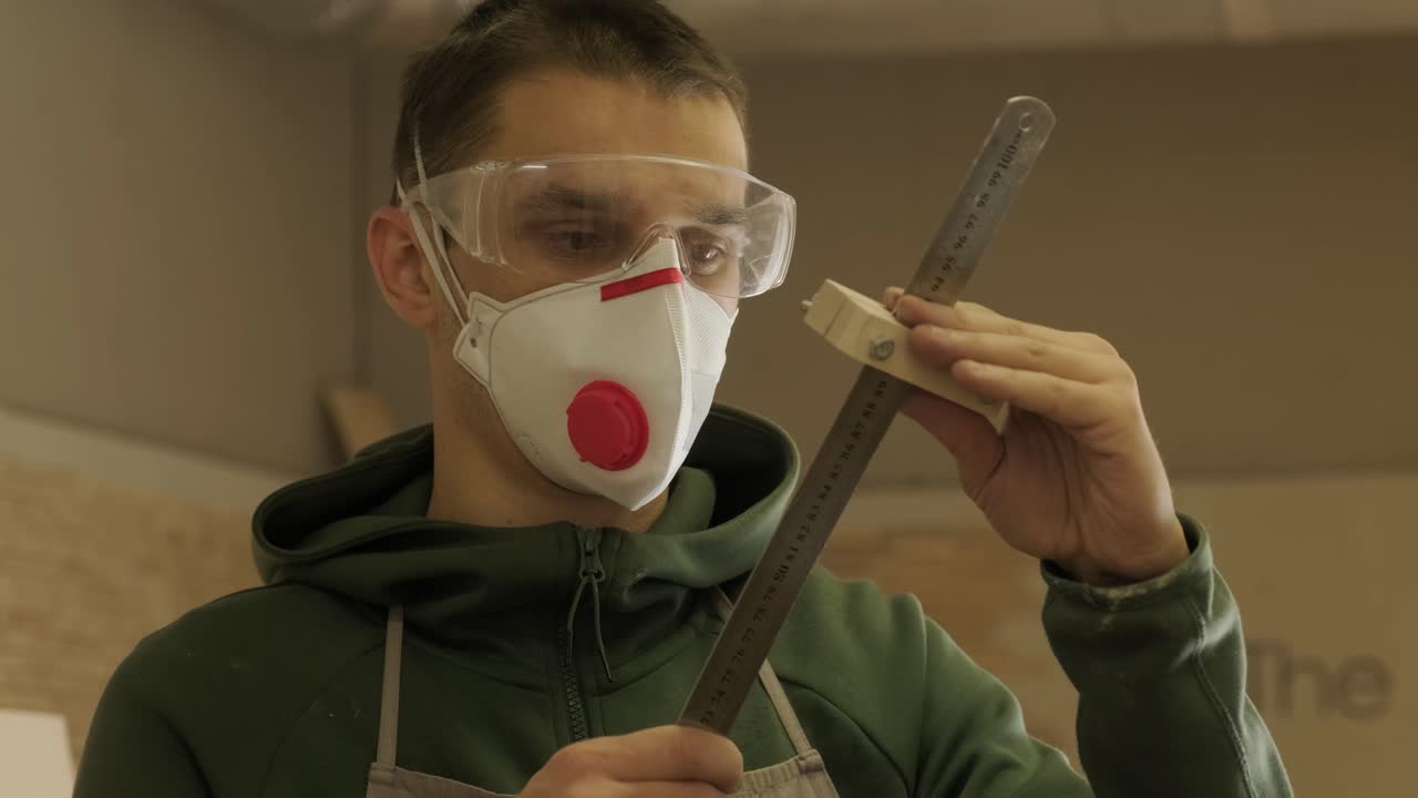 Carpentiere professionista che lavora sodo, con mascherina e occhiali, che tiene in mano un righello