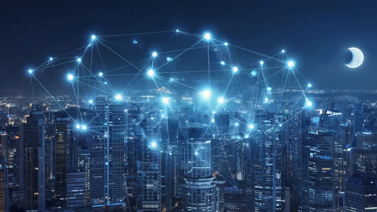 Smart City Network at Night with Glowing Connections