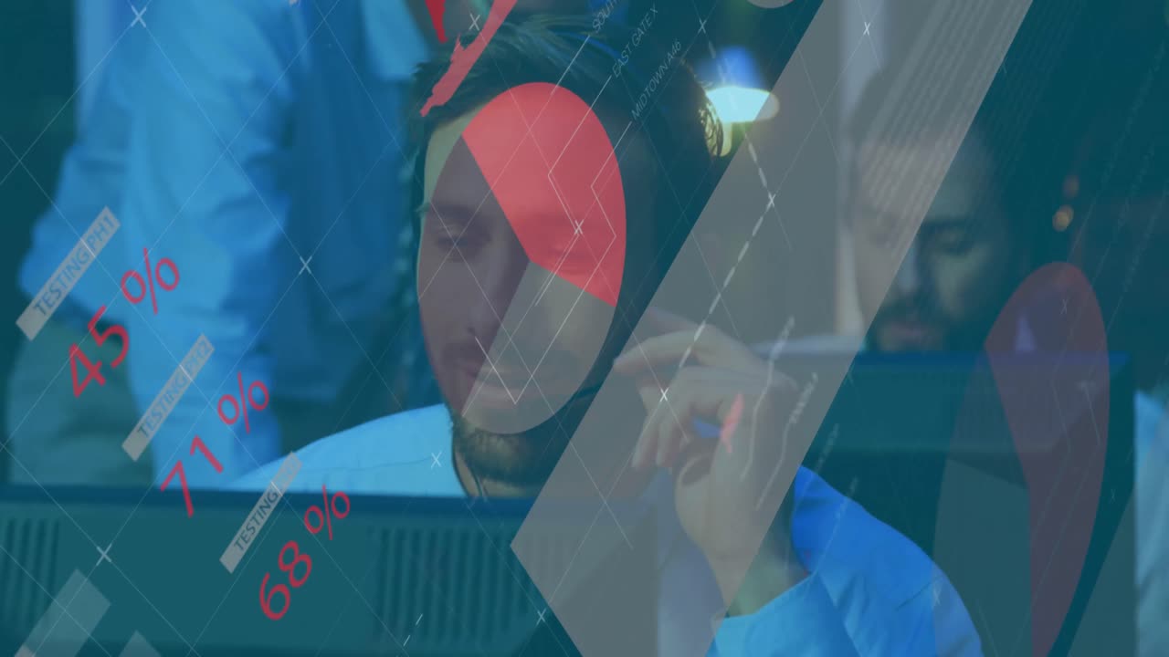 Processamento de dados, gráficos rolando sobre um grupo de trabalhadores de call center