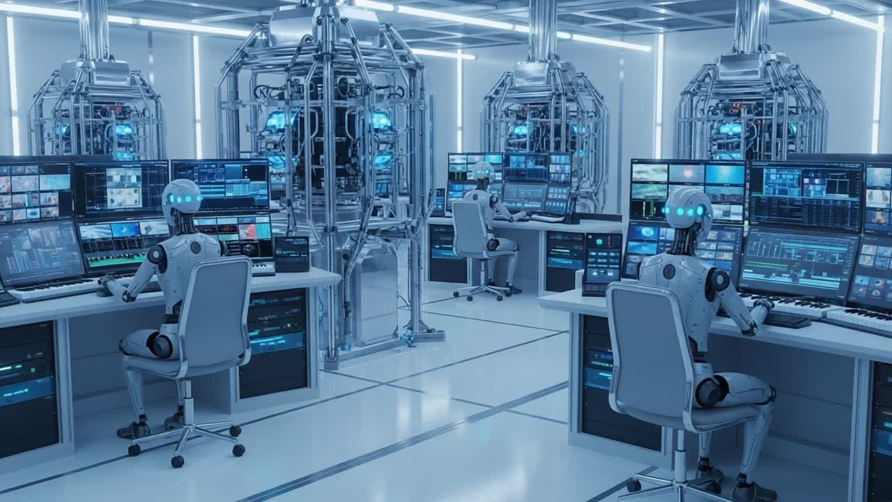 Futuristic Control Center with Robots and Advanced Technology, Showcasing a High-Tech Environment of AI Operators Managing Complex Data Systems