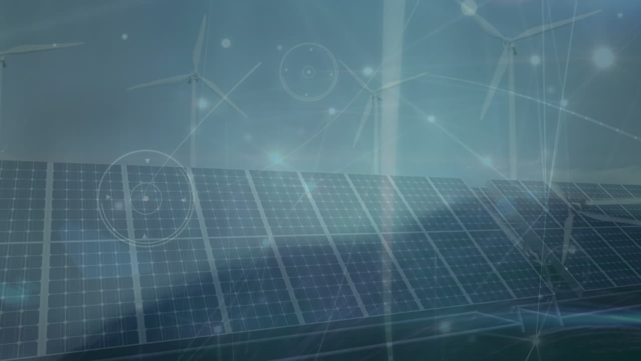 Animation of network of connections over solar panels and wind turbines ...