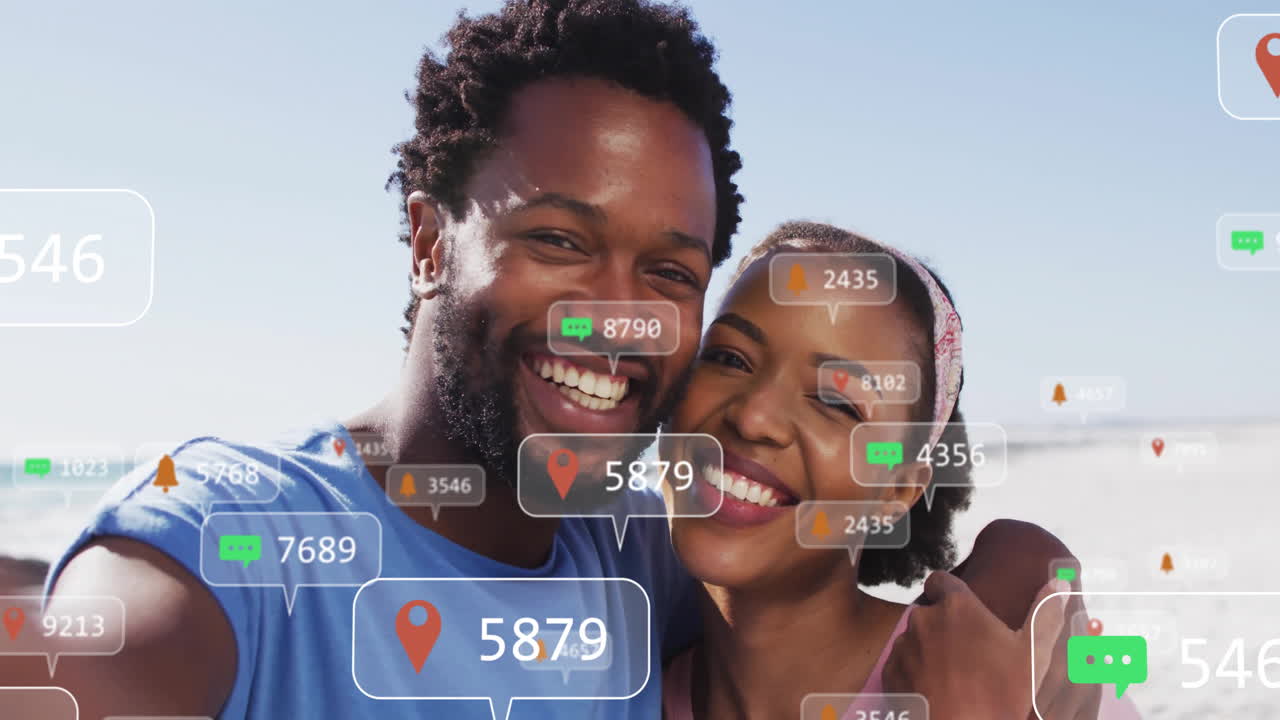 Embracing couple with animation of social media notifications surrounding them