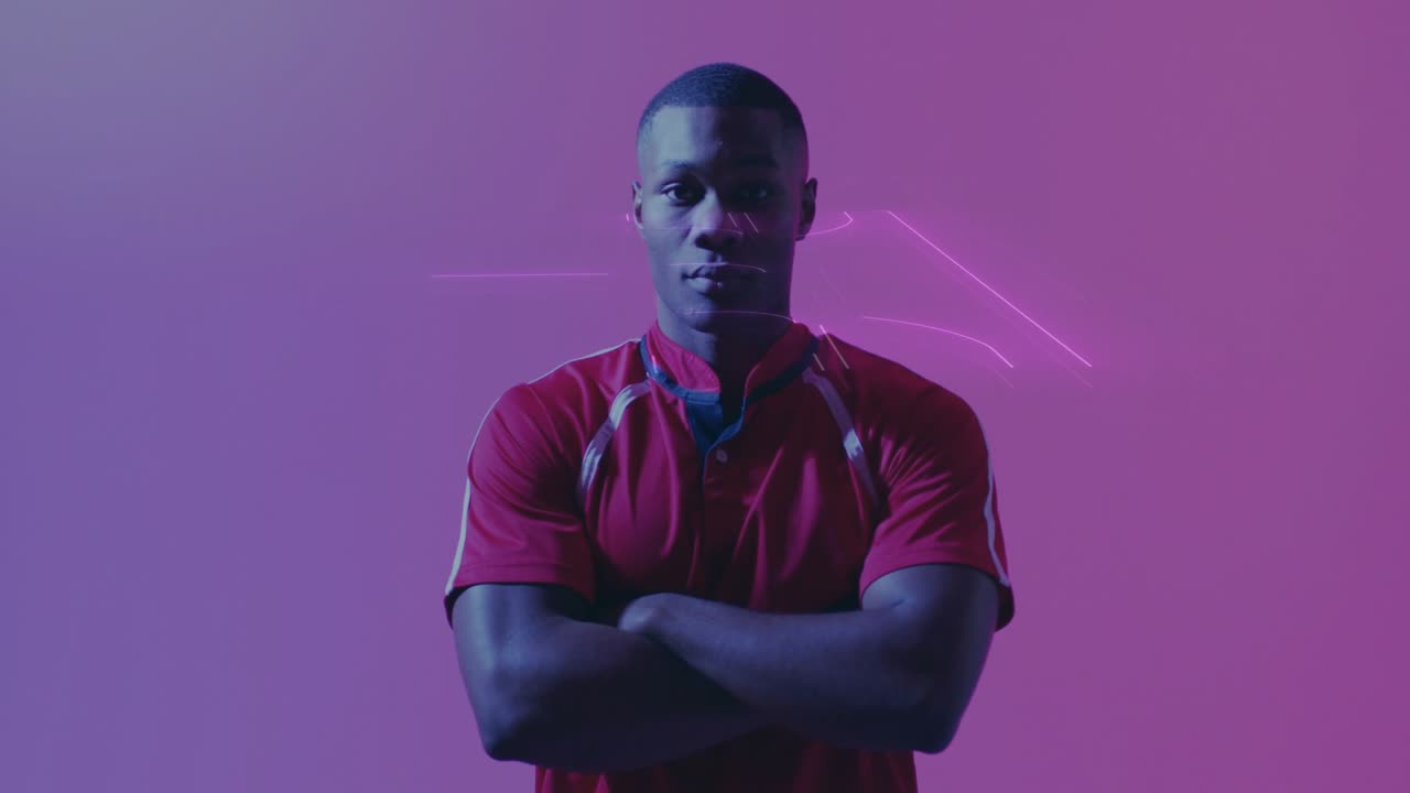 Male athlete posing magenta set neon field rising sweeping chest causing arms crossing for sports
