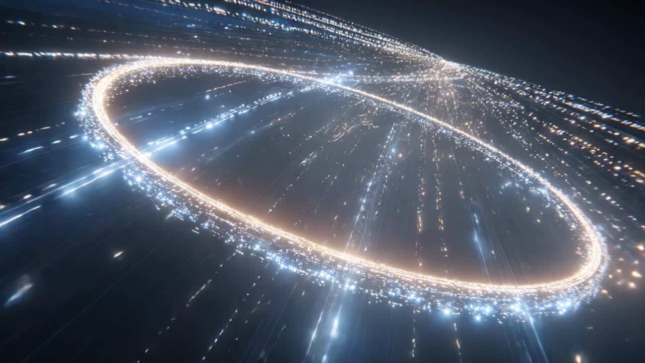 Abstract blue and gold light particle streams flowing and converging into a luminous. Rotating elliptical ring. Symbolizing concepts like data transfer. Network connection. And futuristic technology