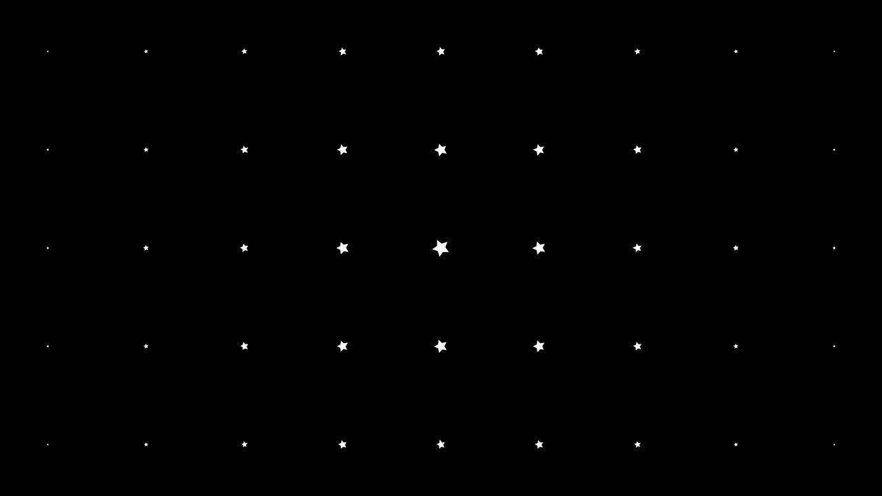 Dynamic composition with white stars scaling at black background. Vintage pattern animation