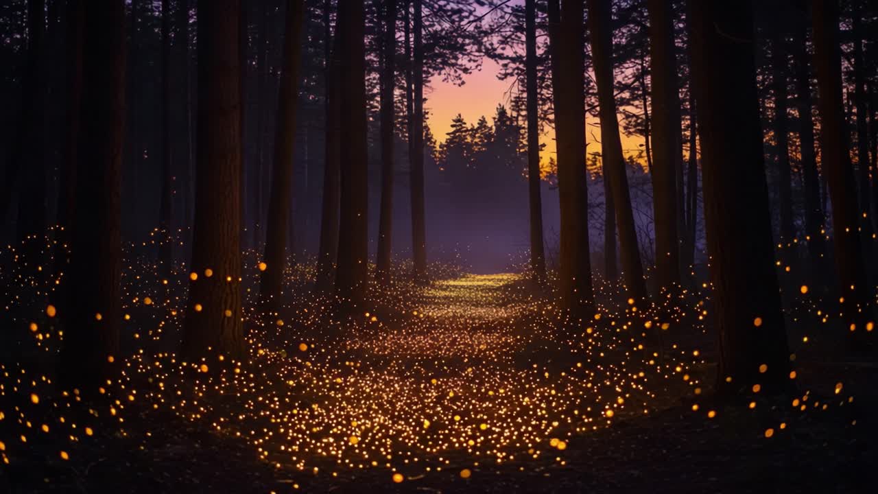 Enchanting Forest Scene Illuminated by a Sea of Glowing Fireflies at Dusk, Capturing the Magical Essence of Nature's Beauty and Tranquility in the Wilderness