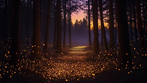 enchanting forest scene illuminated by a sea of glowing fireflies at dusk, capturing the magical essence of nature's beauty and tranquility in the wilderness