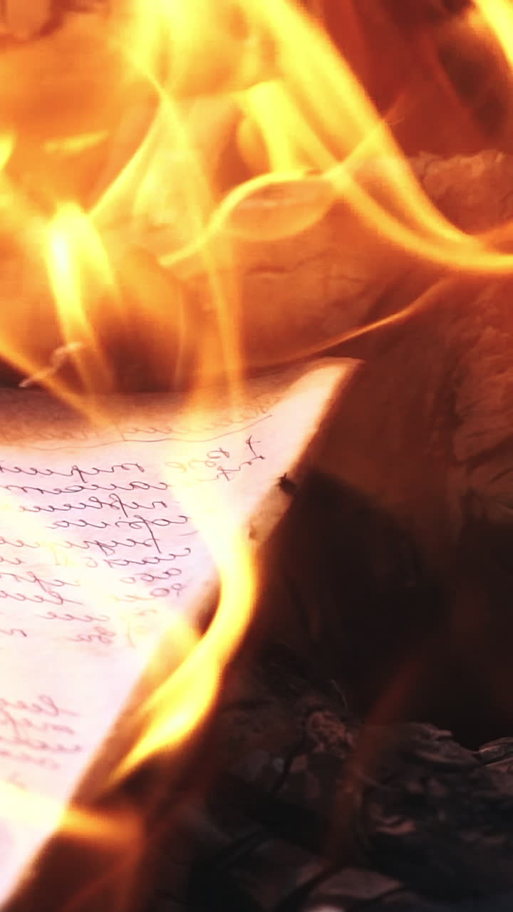 Paper burning when in the bonfire flame. Burning paper Vertical video
