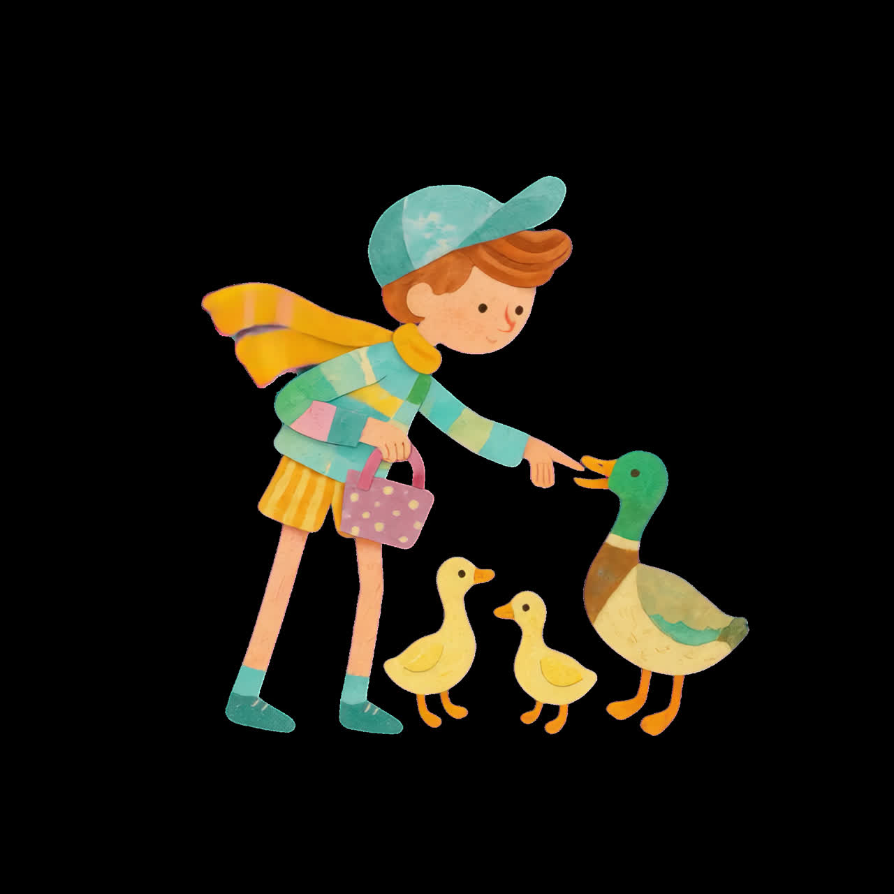 Child feeding ducks illustration animation isolated asset, transparent ...