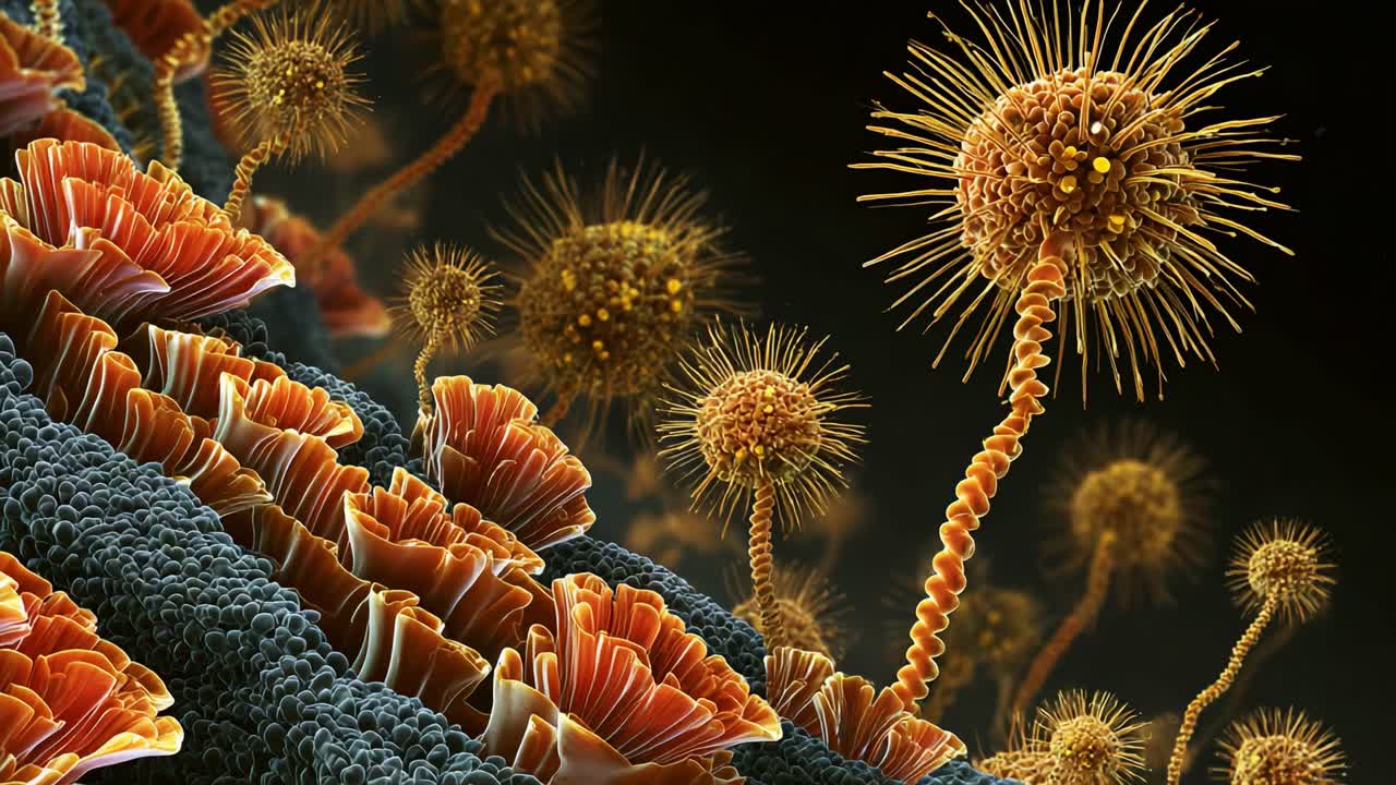 A Magnified View of Microscopic Life: An Intricate Landscape of Vibrant Microorganisms, Showcasing the Complexity and Diversity of Nature's Hidden Creatures in Vivid Detail