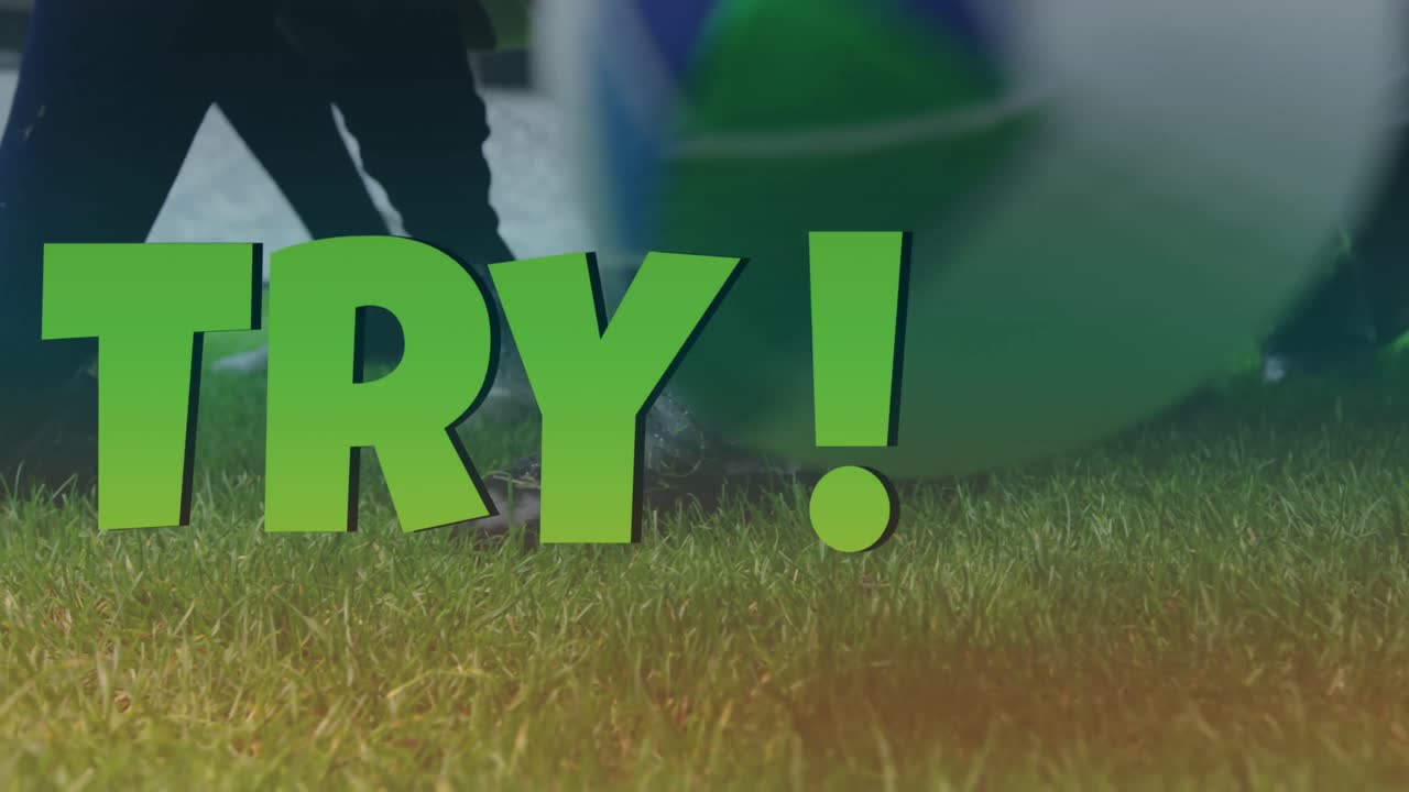 스타디움에서 다양한 남성 럭비 선수들에 대한 시도 텍스트의 애니메이션