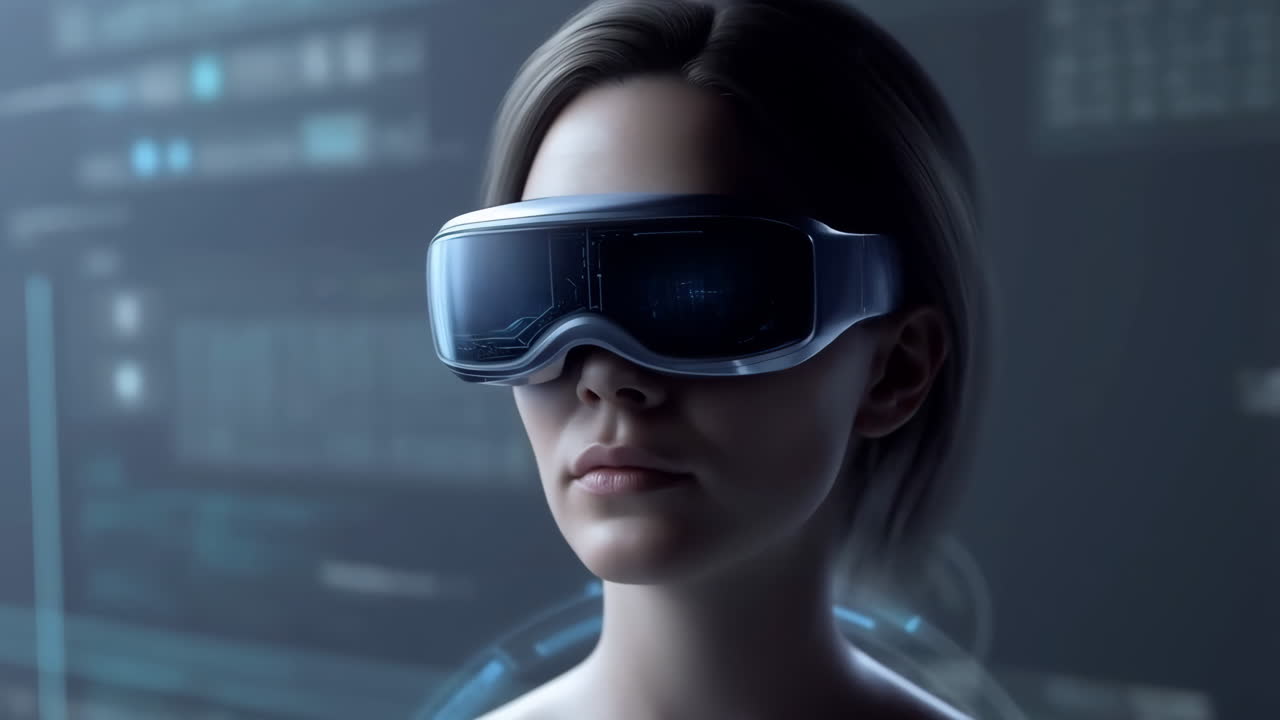 Woman Wearing VR Headset in Futuristic Digital Environment