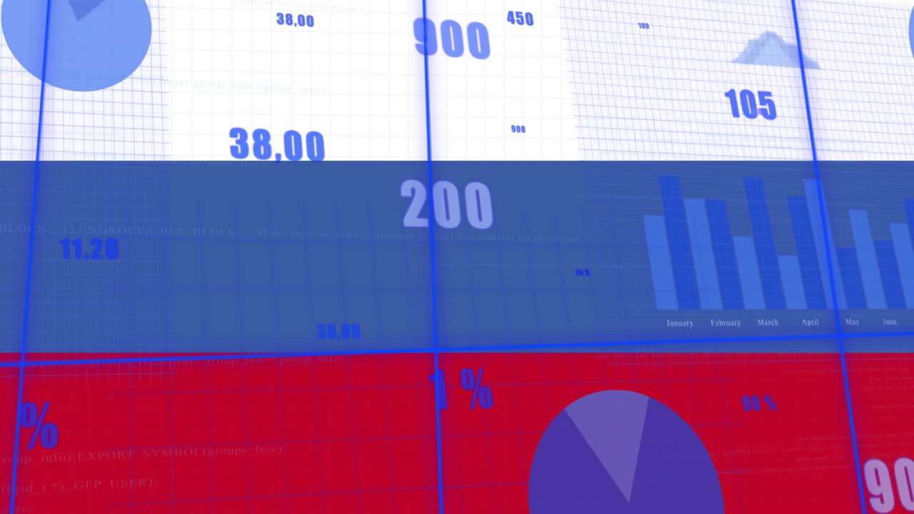 Animazione di frecce, grafici e dati finanziari su bandiera della Russia