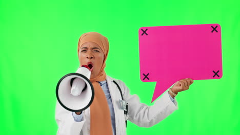 muslim woman, doctor and megaphone with speech