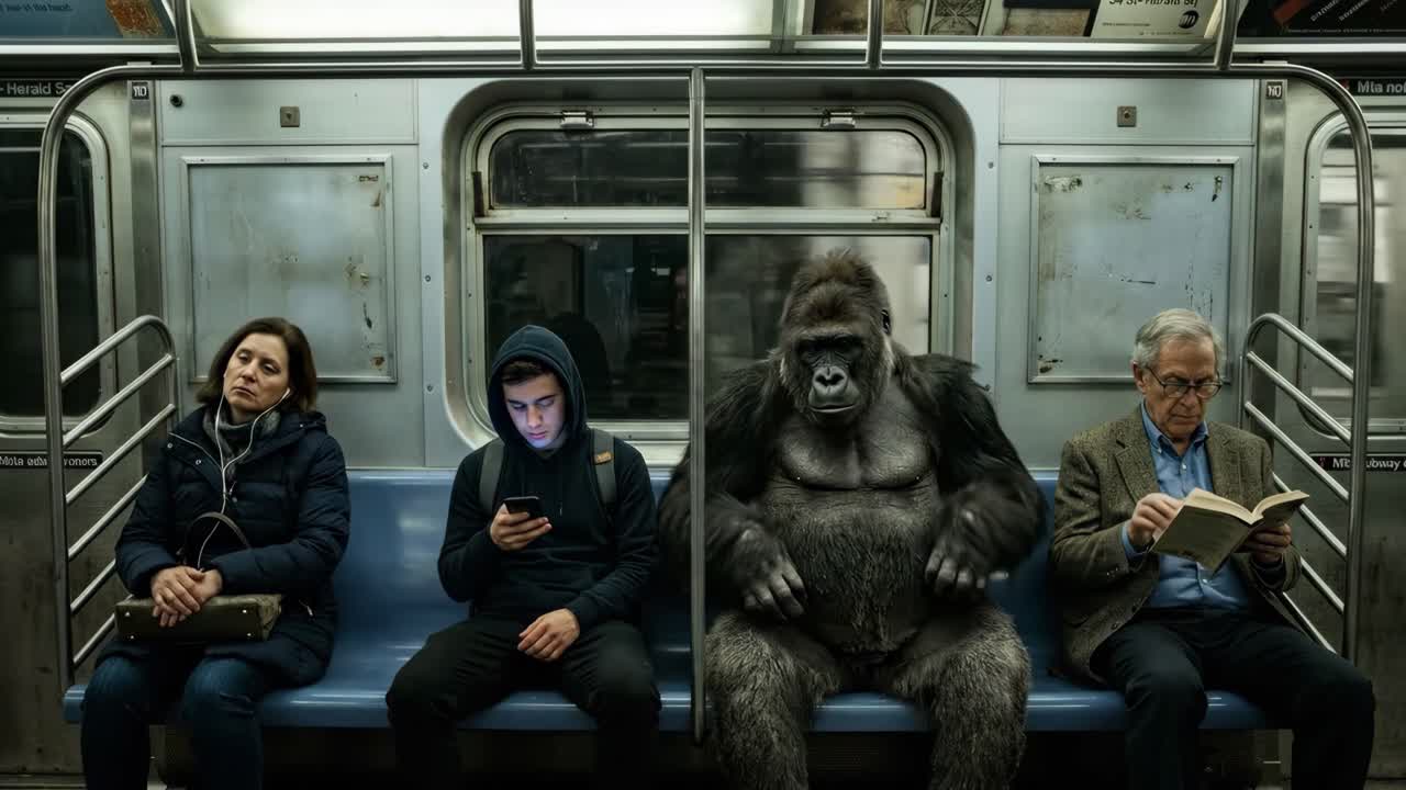 Passeggeri eterogenei, incluso un gorilla, in viaggio su un treno della metropolitana