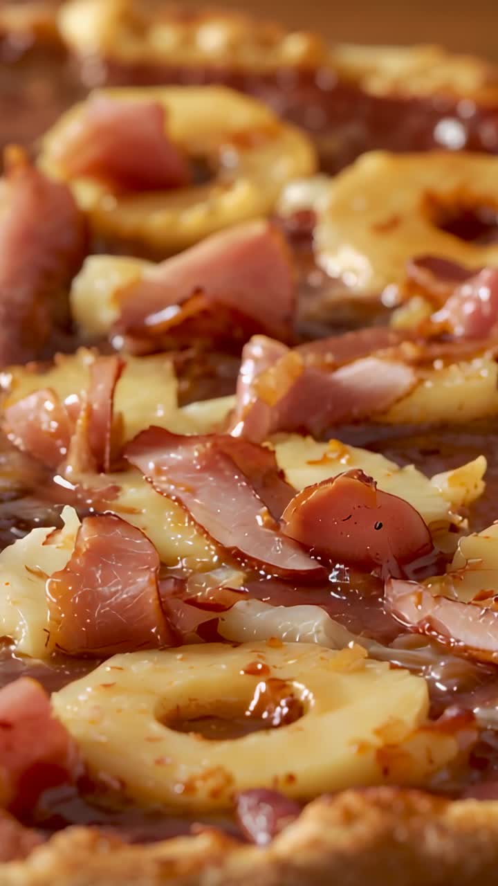 Video verticale: spostamento della messa a fuoco che fa sì che la camera catturi una pizza sul tavolo per rivelare anelli di ananas
