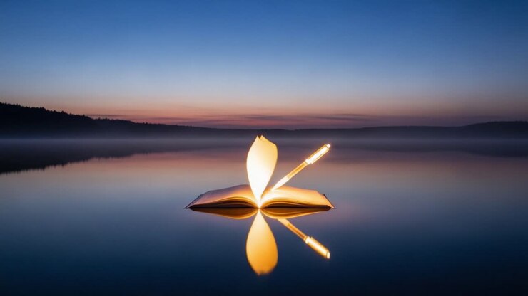 Un libro magico galleggiante su un lago sereno al crepuscolo, con una penna luminosa che crea brillanti scie di luce nel cielo del tramonto, riflettendosi sulla superficie dell'acqua.