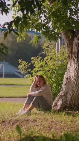woman sitting thoughtfully on grassy ground under tree, hand resting on her head and leg in a contemplative pose, background features green grass, poles, and a stadium