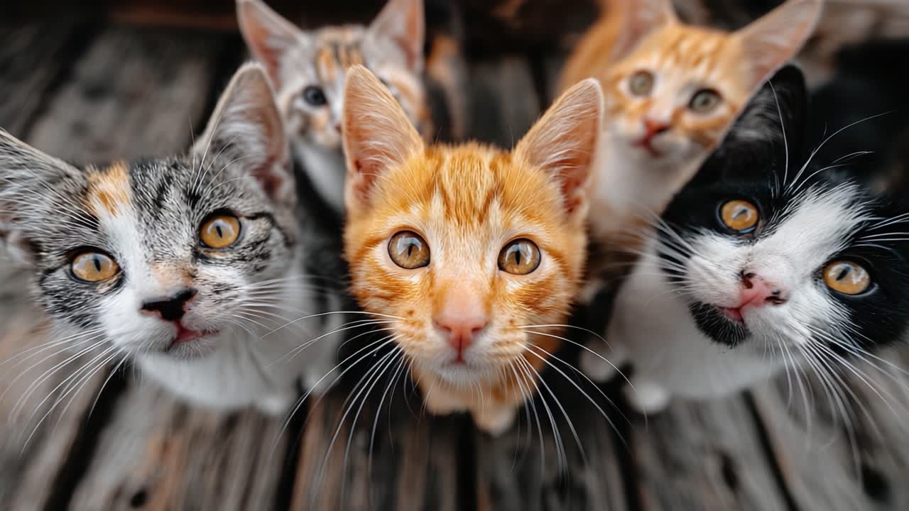 Un adorabile gruppo di gattini giocosi si riunisce, mostrando le loro personalità uniche e le espressioni adorabili in una splendida prospettiva ravvicinata