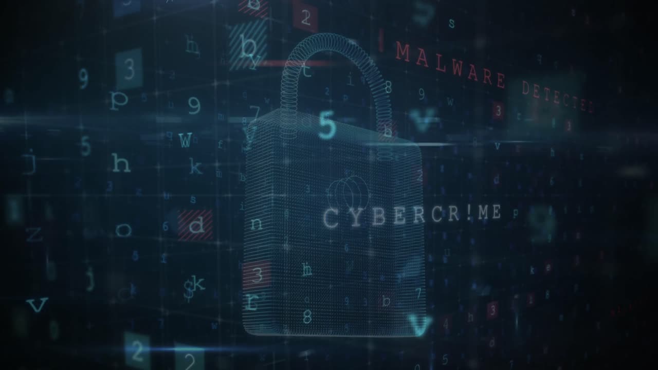 Animation of warning data processing, online security padlock and circuit board