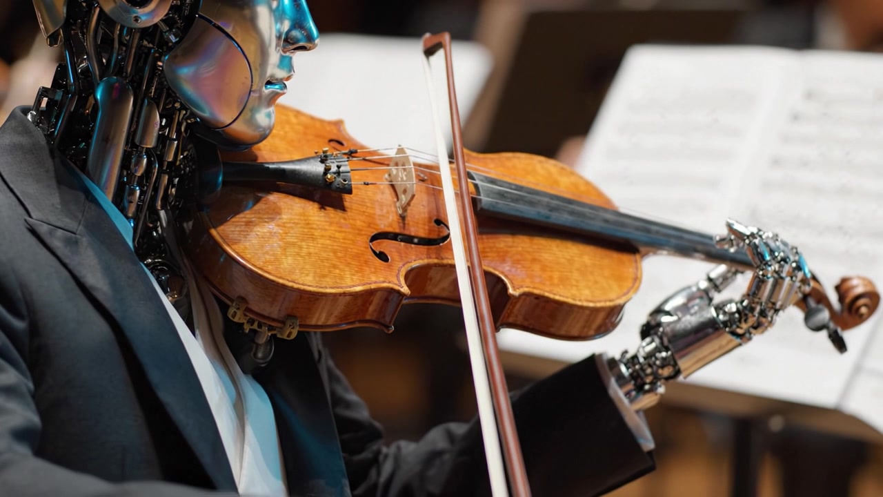 Un musicista robotico futuristico che suona abilmente il violino con precisione meccanica in un contesto di concerto, fondendo tecnologia e arte in armonia.