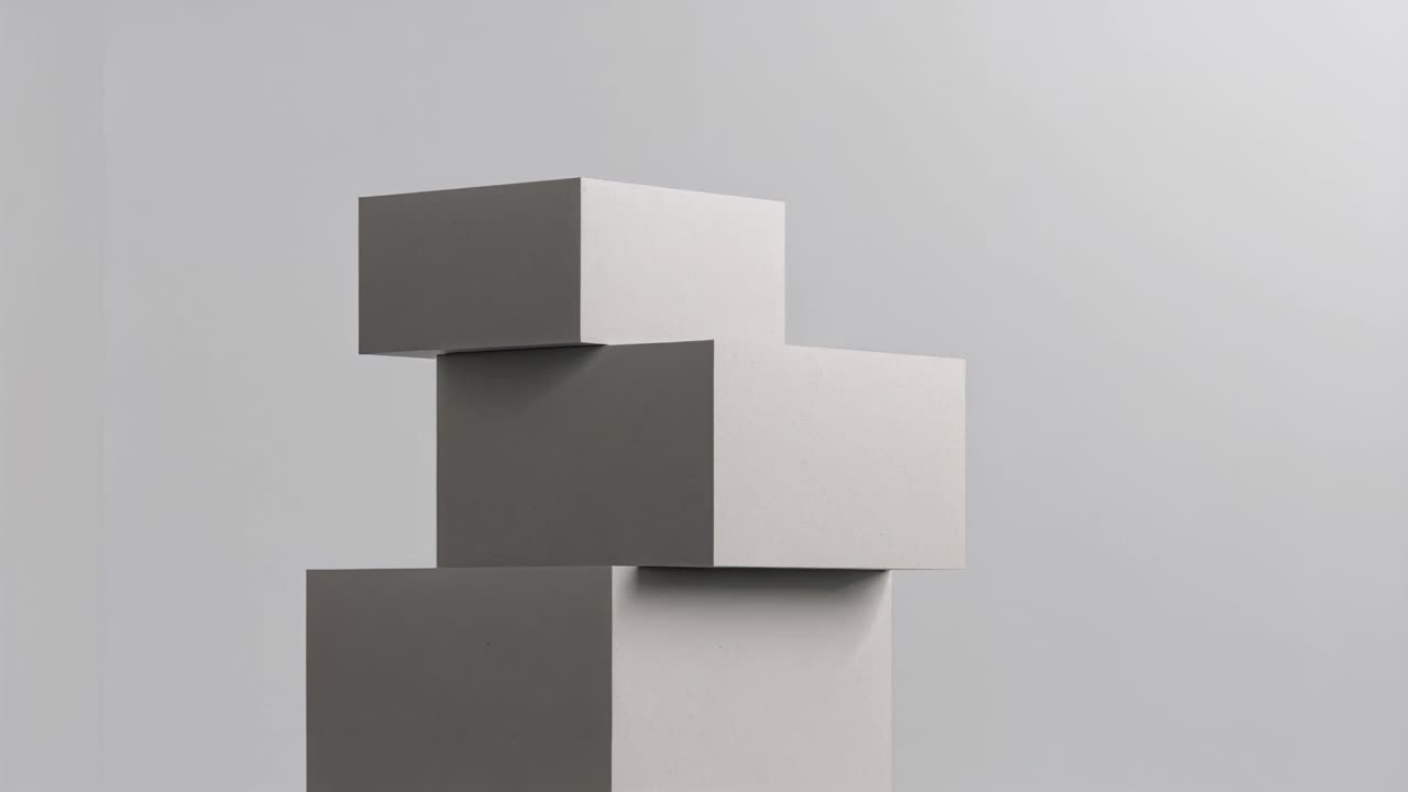 Pulling back camera, three big cuboid blocks stacked holding offsets, revealing wider gray backdrop