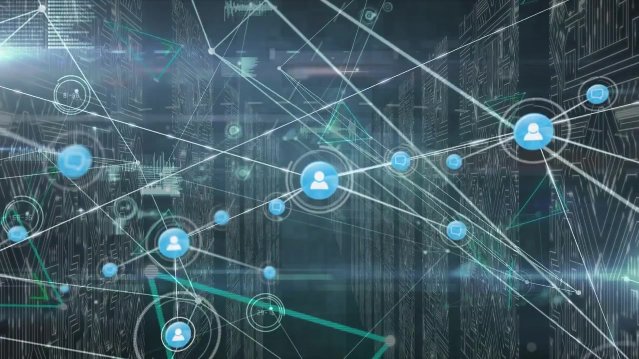 Animation of network of connections with icons over data processing and computer circuit board