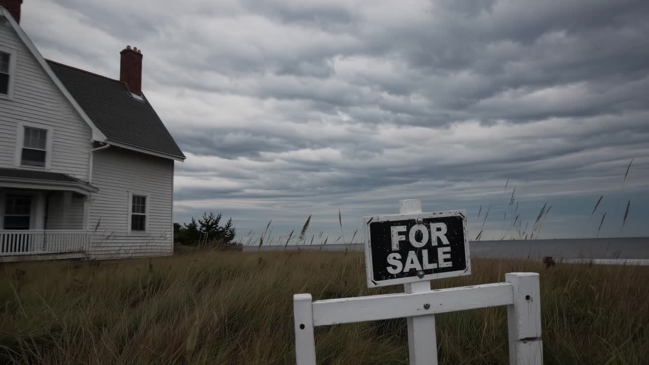 Coastal house for sale featuring a prominent for sale sign in an overgrown grassy yard, offering stunning views of a stormy sea and dramatic clouds overhead