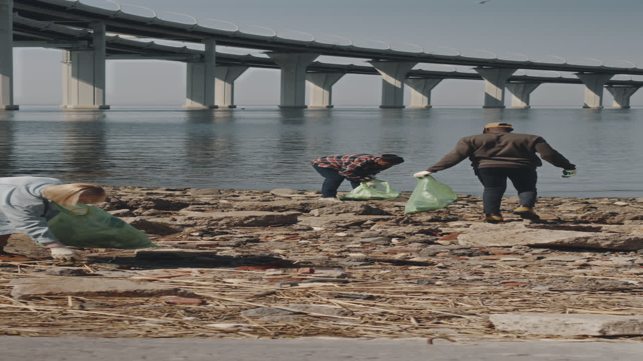 Ecology Activists Collecting Trash on Shoreline