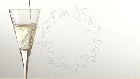 Animation-of-network-of-connections-over-champagne-glass-on-white-background