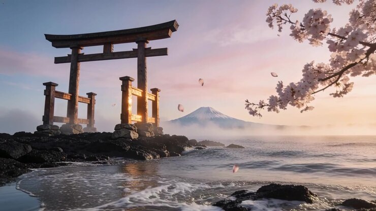 Torii che si erge luminoso all'alba sulle rocce vicino al Fuji, la marea spinge le onde, petali alla deriva