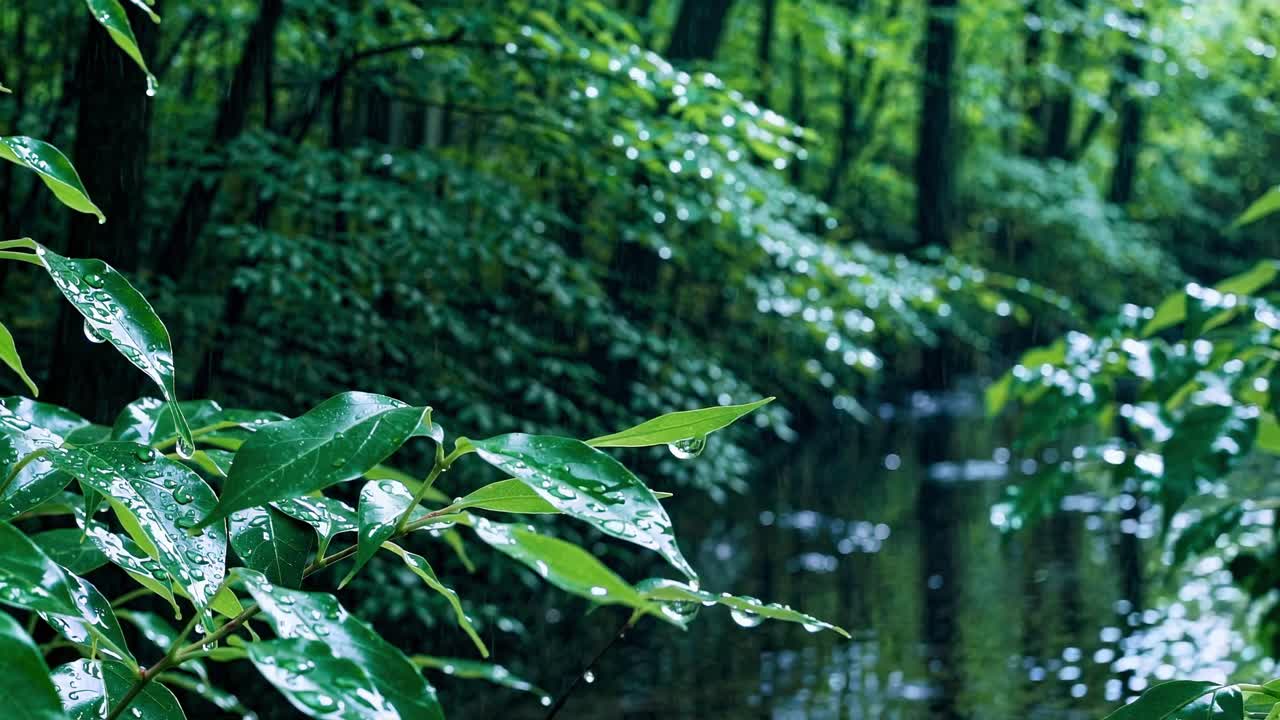 緑豊かな森の雨に濡れた葉をローアングルで捉えたクローズアップ映像