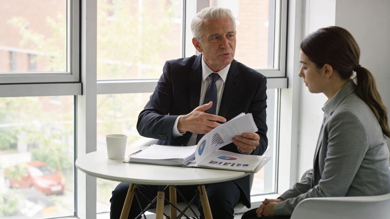 Opening report, senior man in suit showing woman in blazer pages at round table, explaining charts