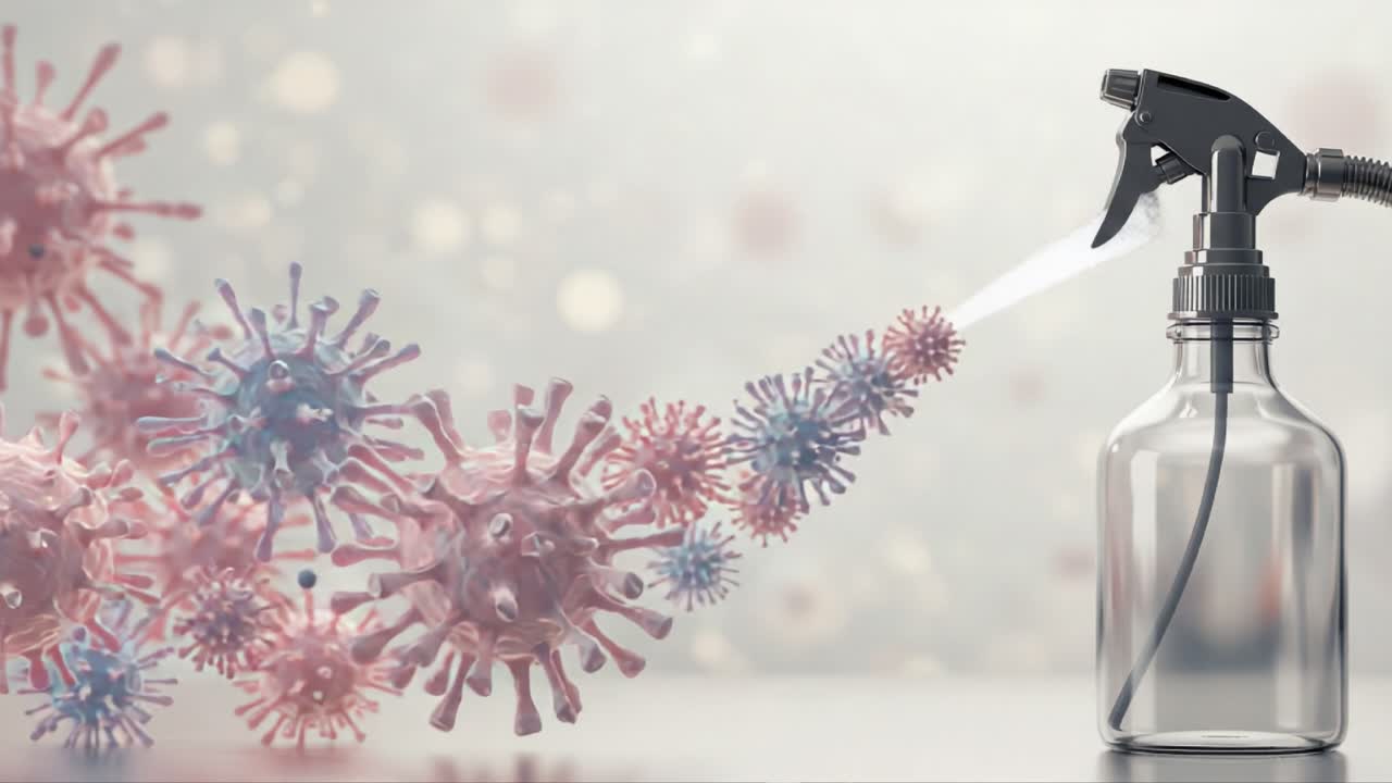 Visual Representation of Disinfection: A Spray Bottle Spewing Liquid Towards Artistic Virus Illustrations Emphasizing Germ Prevention and Cleaning Techniques in Modern Health Practices