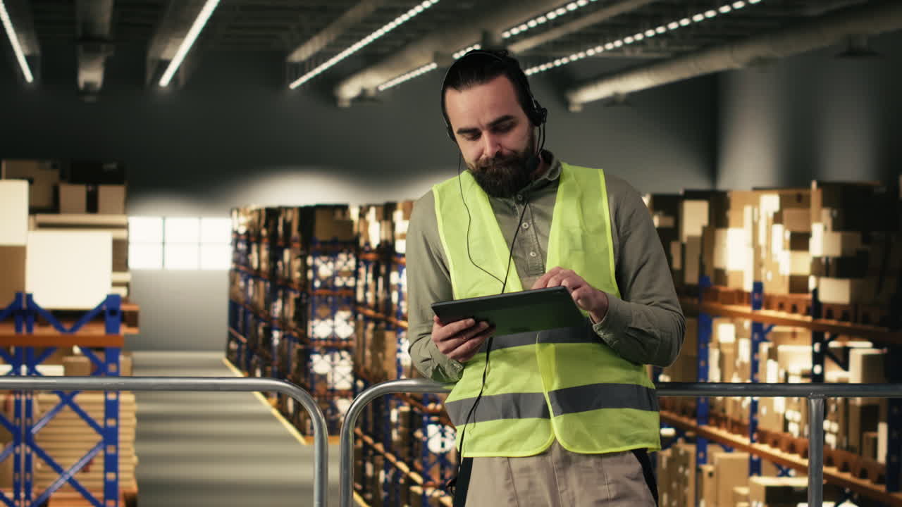 Warehouse Worker with Headset and Tablet Managing Inventory