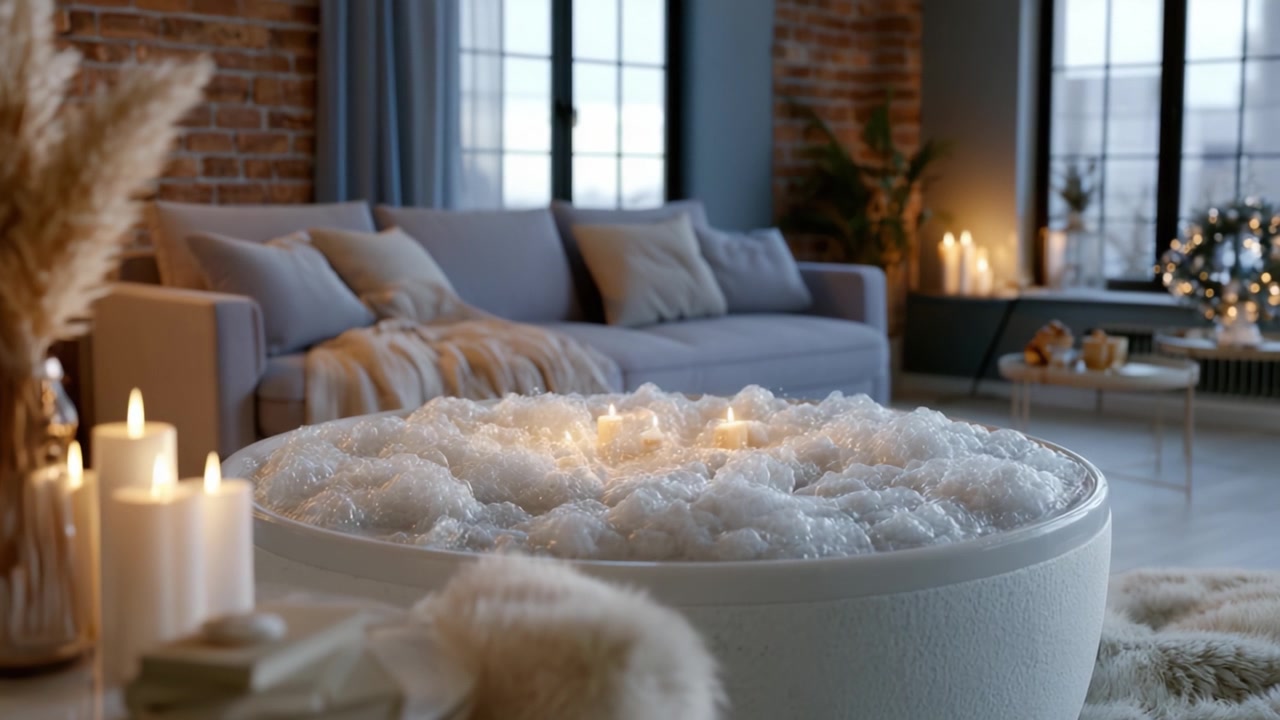 Een uitnodigende en ontspannende badkamerervaring met een luxueuze badkuip gevuld met bubbels, omringd door zacht textiel en zacht kaarslicht in een gezellige huiselijke setting.