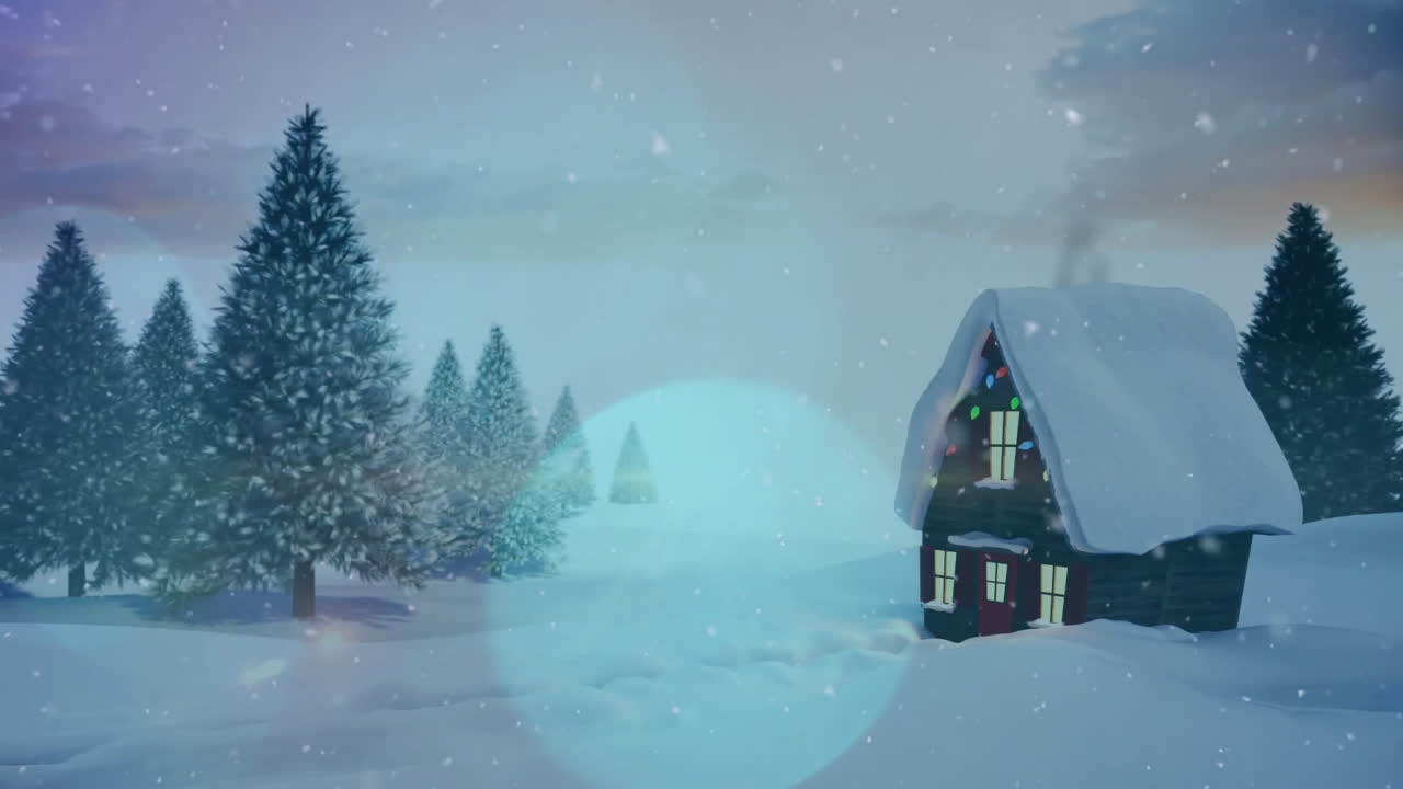 Snowflakes animation over snowy landscape with house and pine trees