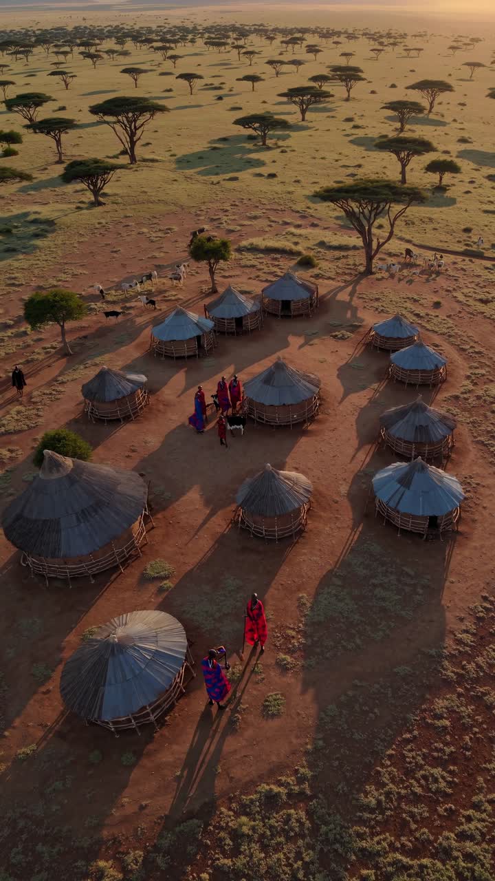Aerial video captures traditional huts in an African savanna at sunset, showcasing cultural