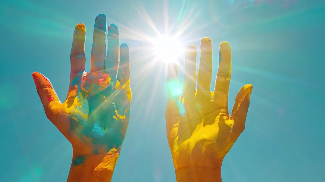 Colorful Painted Hands Reaching Towards the Sun in a Blue Sky